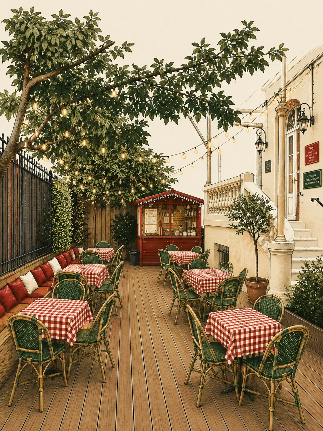 La cour du Conservatoire Serge Rachmaninoff : une terrasse en bois avec des tables à nappes vichy rouge et blanc, des chaises de bistrot vertes, des guirlandes lumineuses tendues sous un arbre, et le kiosque rouge du Samovar Café au fond.